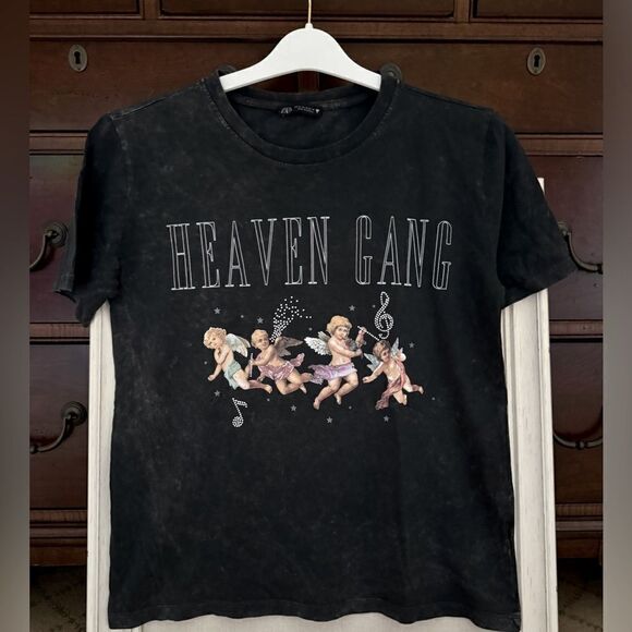 Zara distressed black tie dye T-shirt with Heaven Gang angels and crystals M - Picture 1 of 8